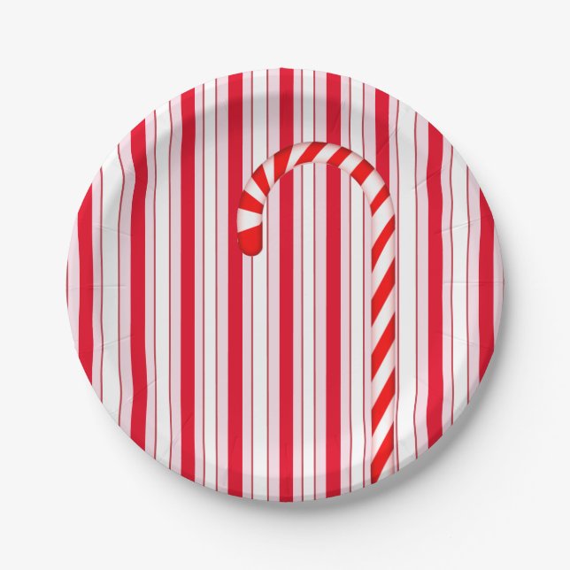 Christmas Holiday Red  Candy Stripe Pattern Paper Plate (Front)
