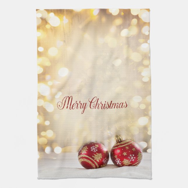Christmas Holiday-Red Christmas Balls Bokeh  Tea Towel (Vertical)