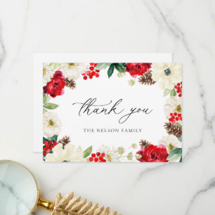 Christmas Holiday Red Floral Thank you Card
