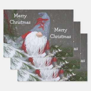 Christmas Holiday Red Gray Rustic Gnome Wrapping Paper Sheet