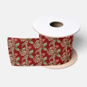 Christmas Holiday Red Green Botanical Holly Berry Satin Ribbon
