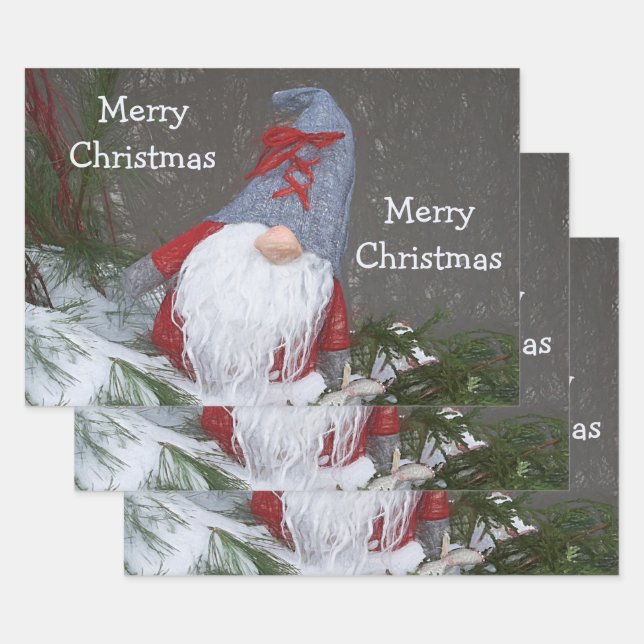 Christmas Holiday Red Grey Rustic Gnome Wrapping Paper Sheet (Set)