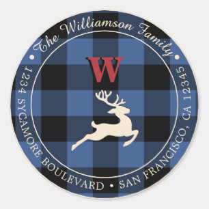 Christmas Holiday Red Monogram Deer Blue Gingham C Classic Round Sticker