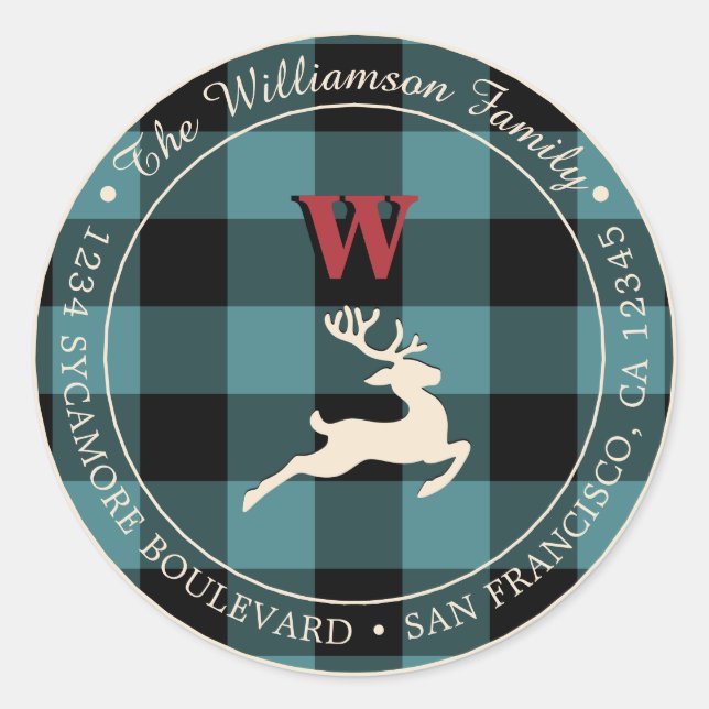Christmas Holiday Red Monogram Teal Gingham Classic Round Sticker (Front)