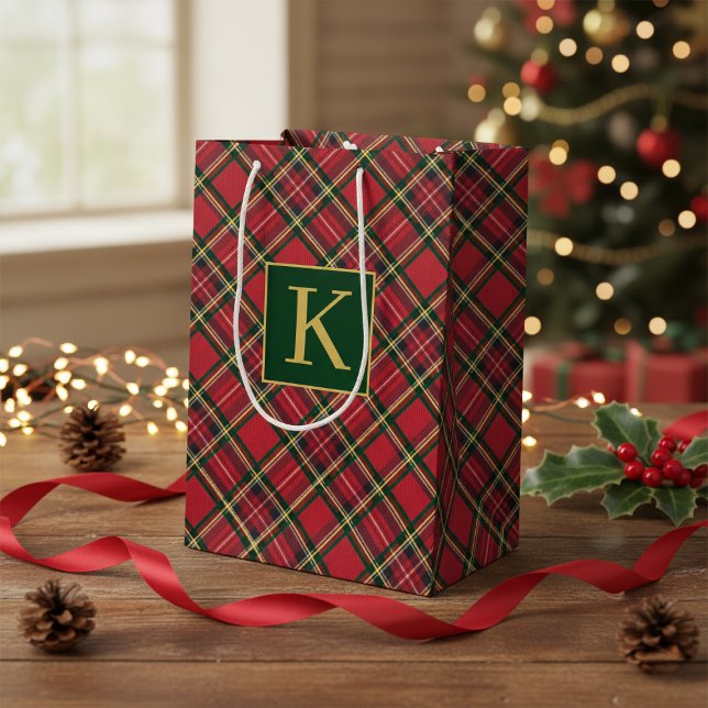 Christmas Holiday Red Plaid Gold Foil Monogram Medium Gift Bag (Christmas Holiday Red Tartan Plaid Gold Foil Monogram Medium Gift Bag)