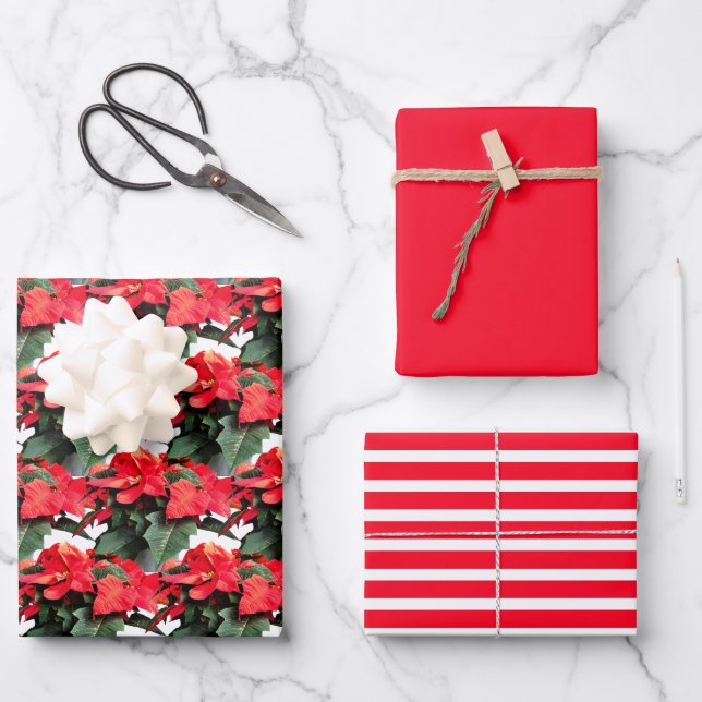 Christmas Holiday Red Poinsettia Flower Print Wrapping Paper Sheet (Front)