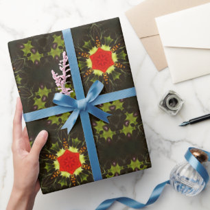 Christmas holiday red star green holly leaves wrapping paper