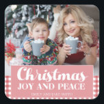Christmas Holiday Red White Gingham Joy Peace Square Sticker<br><div class="desc">Red and white gingham Christmas photo sticker.  Text says,  "Christmas joy and peace."</div>