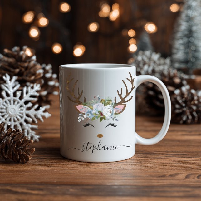 Christmas Holiday Reindeer Floral Personalised Coffee Mug (Personalized Christmas Reindeer Holiday Floral Coffee Mug)