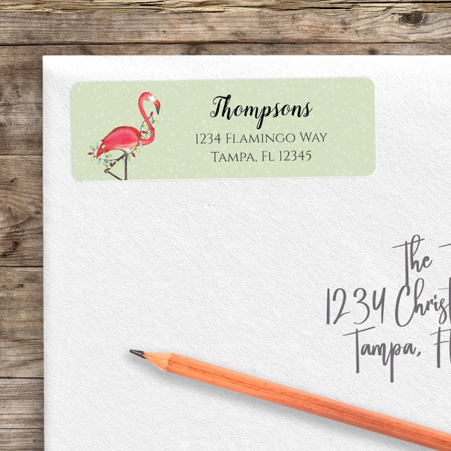 Christmas Holiday Return Address Pink Famingos Label (Christmas whimsical colorful lights with pink flamingo return address label. )