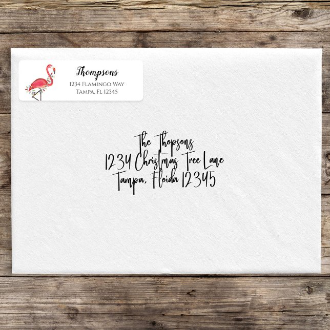 Christmas Holiday Return Address Pink Flamingos Return Address Label (Christmas holiday lights pink flamingo return address labels. )
