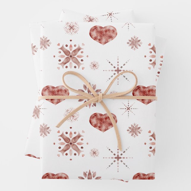 Christmas Holiday Rose Gold Snow and Hearts Wrapping Paper Sheet (In situ)