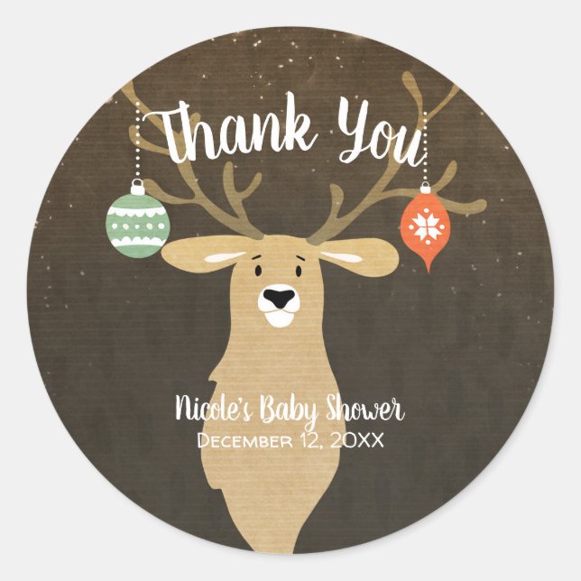 Christmas Holiday Rustic Deer Baby Shower Favour Classic Round Sticker (Front)
