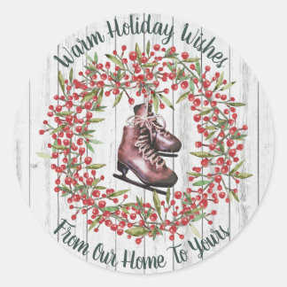 Christmas Holiday Rustic Wreath and Skates Classic Round Sticker