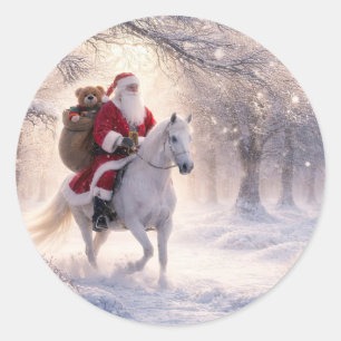 Christmas Holiday Santa and Horse Classic Round Sticker