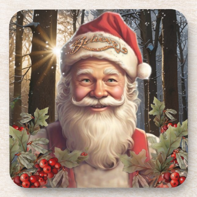 Christmas holiday Santa Claus snowy woodland Coaster (Front)