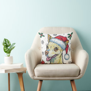 Christmas Holiday Santa Dog Chihuahua Throw Pillow
