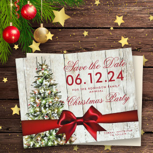 Christmas Holiday Save Date Tree & Red Ribbon Announcement Postcard