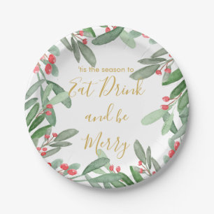 Christmas Holiday Season  Holly Wreath Bright Paper Plate