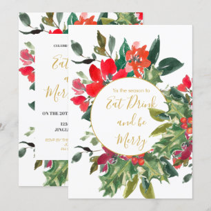 Christmas Holiday Season Holly Wreath Gold Invitation