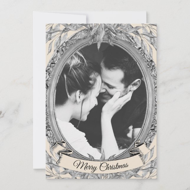 Christmas Holiday Silver Leaf Wreath Frame Photo Card (Front)