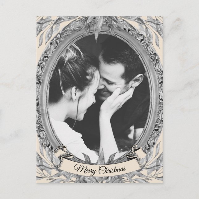 Christmas Holiday Silver Leaves Wreath Photo Card (Front)