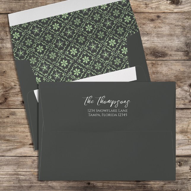 Christmas Holiday Simple Green Snowflake Elegant Envelope (Green Holiday Snowflake Envelope with stylish return address printed on the back flap)