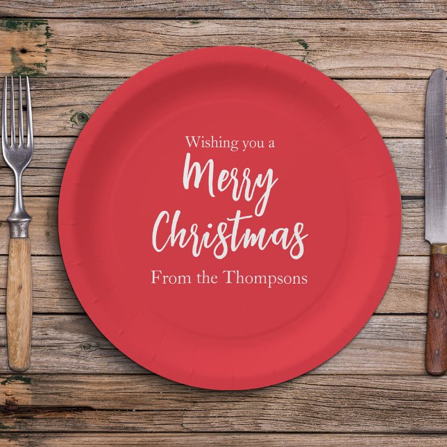 Christmas Holiday Simple Red Minimalist Cute Paper Plate (Simple Merry Christmas cute red and white calligraphy script paper plate)
