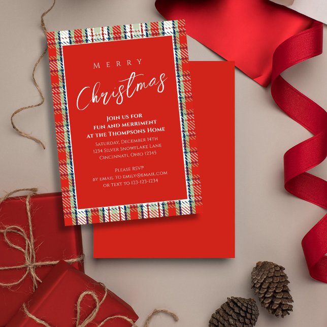 Christmas Holiday Simple Red Winter Festive Plaid Invitation (Merry Christmas holiday festive red plaid background with stylish calligraphy script. )