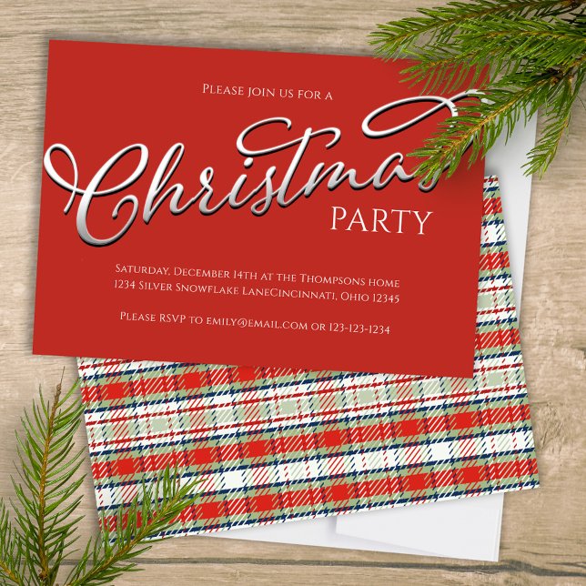 Christmas Holiday Simple Red Winter Festive Plaid Invitation (Merry Christmas holiday festive red plaid background with stylish calligraphy script. )