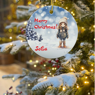 Christmas Holiday snow tree girl name red Ceramic Ornament