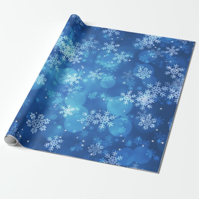 Christmas Holiday Sparkles & Snowflakes Blue Wrapping Paper (Unrolled)