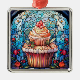 CHRISTMAS HOLIDAY STAINED GLASS CUPCAKE METAL ORNAMENT