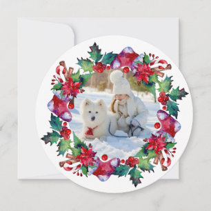 Christmas Holiday Stocking Floral Wreath Photo Card