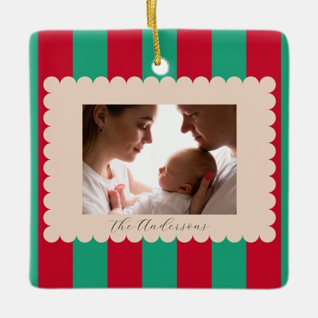 Christmas Holiday Striped Custom Photograph Modern Ceramic Ornament (Front)