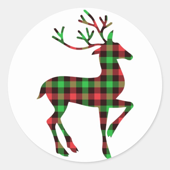 Christmas Holiday Tartan Plaid Pattern Reindeer Classic Round Sticker (Front)