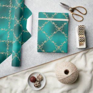 Christmas Holiday Teal Gold Glitter Damask Gift Wrapping Paper