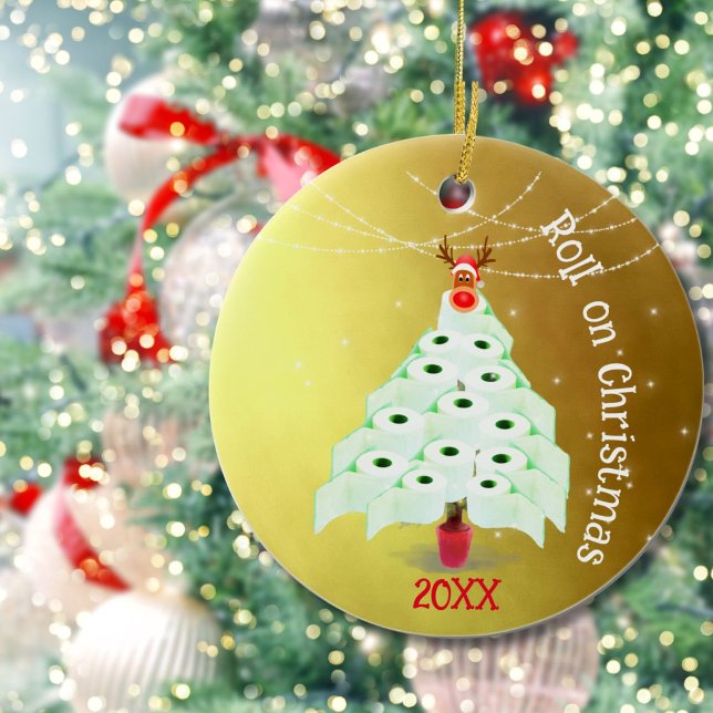 Christmas Holiday Toilet Roll Tree Lights Gold Ceramic Ornament (Creator Uploaded)