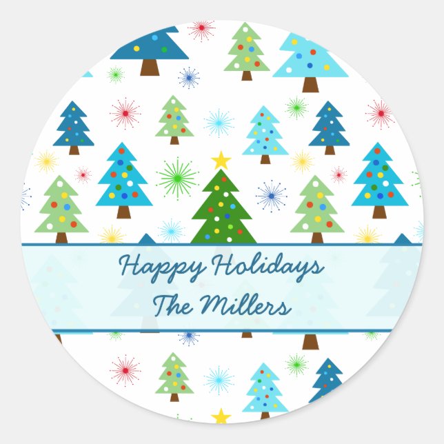 Christmas Holiday Trees Starbursts Festive Blue Classic Round Sticker (Front)
