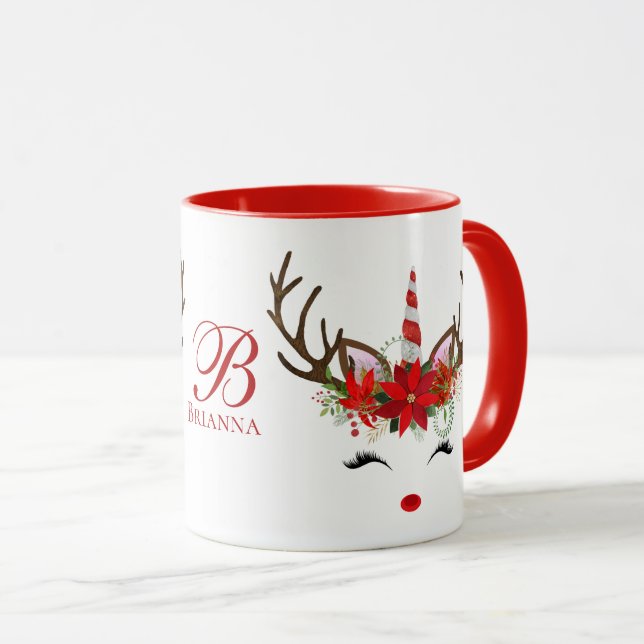 Christmas Holiday - Unicorn Deer 2Tone Red Mug (Front Right)