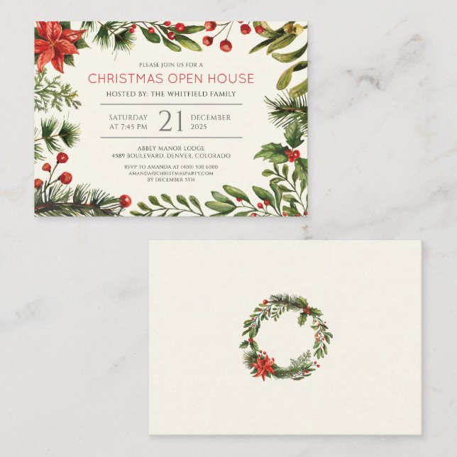 Christmas Holiday Watercolor Berries Open House Card (Front/Back)
