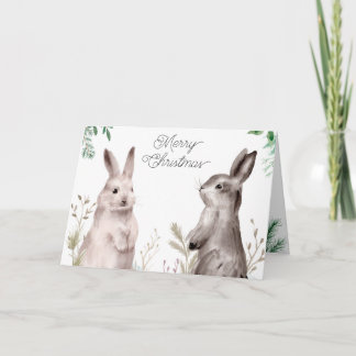 Christmas Holiday Watercolor Bunny. Rabbit, Floral Card