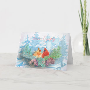 Christmas Holiday - Watercolor Cardinals Trees Card