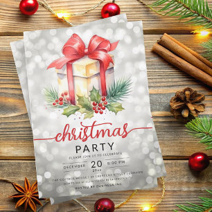 Christmas Holiday Watercolor Company Bokeh Silver Invitation