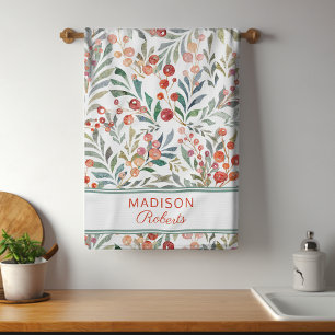 Christmas Holiday Watercolor Floral Personalised Tea Towel