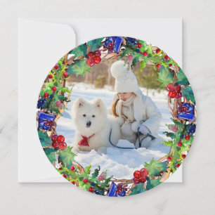 Christmas Holiday Watercolor Floral Wreath Photo Card