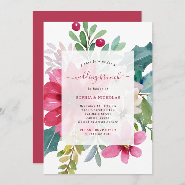 Christmas Holiday Wedding Brunch | Bright Floral Invitation (Front/Back)