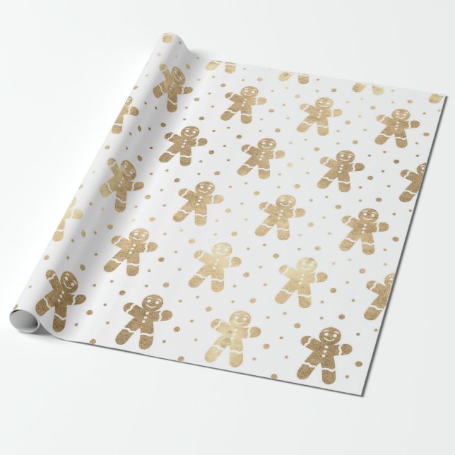 Christmas Holiday White Golden Ginderbread Wrapping Paper (Unrolled)