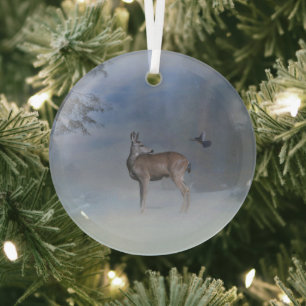 Christmas Holiday Wildlife Deer and Blue Jay Glass Tree Decoration