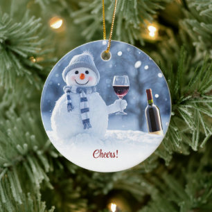 Christmas Holiday Wine Snowman Cute Funny Ceramic Ornament
